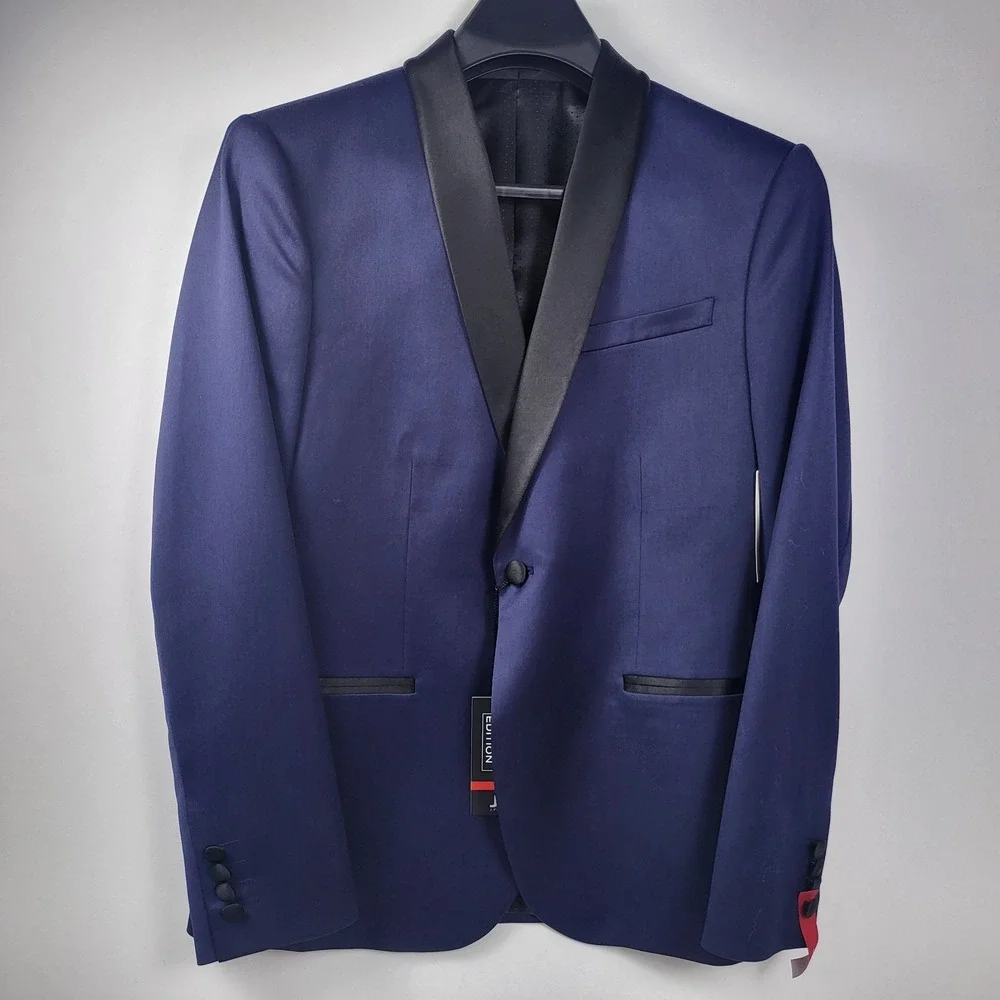 JF J Ferrar Mens Blue Navy Shine Blazer Slim fit 38R Evening Edition Black Lapel